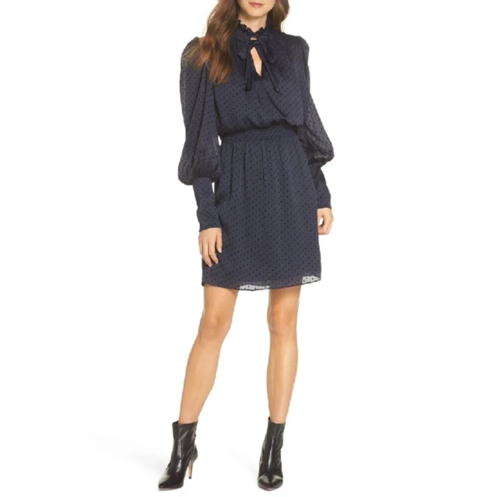 JULIA JORDAN Tie Neck Dot Chiffon Dress In Navy Black Dot Size 4 Classy Retro
